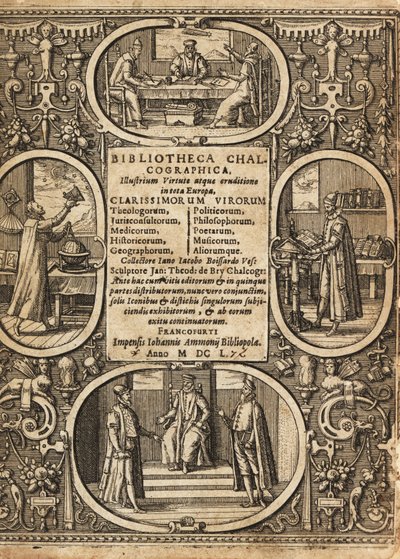 Frontispice met vignetten van wetenschappers binnen kaders door Theodore de Bry