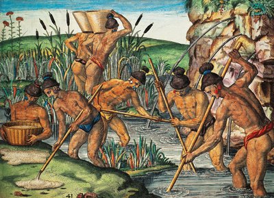 Goudzoekers in Florida, gekleurde gravure uit Brevis Narratio door Theodore de Bry