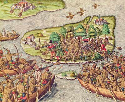 Hans Staden wordt gevangen genomen door inheemse Amerikanen in Brazilië door Theodore de Bry