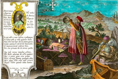 Geschiedenis van Amerika: Amerigo Vespucci (Americus Vespucius) (1451/1454-1512), Italiaanse koopman en navigator gebruikt zijn astrolabium om het Zuiderkruis te meten. Links portret van de Italiaanse dichter Dante Alighieri (1265-1321) en een passage uit  door Theodore de Bry