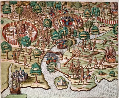 Geschiedenis van Amerika: "Beschrijving van belegerings- en aanvalsmethoden, Indianen vechten tegen Spaanse legers" Verslag van de gevangenschap van Hans Staden, Duitse ontdekkingsreiziger die met de Spaanse vloten naar Brazilië vertrok, gevangen genomen d door Theodore de Bry