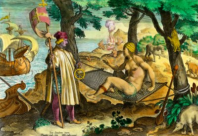Geschiedenis van Amerika: Eerste contact van de Italiaanse navigator Amerigo Vespucci met de Indianen van Amerika door Theodore de Bry