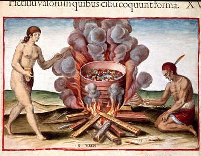 Geschiedenis van Amerika: "Indiaan die vis kookt" Gravure uit "Admirante Narratio Americae" door Theodore de Bry (1528-1598) door Theodore de Bry