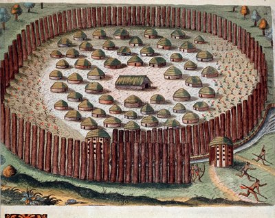 Geschiedenis van Amerika: voorstelling van een Indiaans dorp in Florida. Gravure uit 