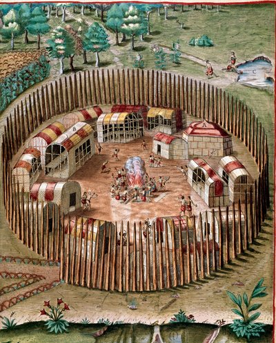 Geschiedenis van Amerika: "Voorstelling van de versterkte stad Pomeiock of Pomeiooc in Virginia in 1585" Gravure uit "Admirante Narratio Americae" door Theodore de Bry (1528-1598) door Theodore de Bry