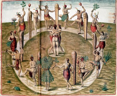 Geschiedenis van Amerika: "Rituele Dans om Vriendschap te Vieren" Gravure door Theodore de Bry (1528-1598). 16e eeuw Vincennes, Historisch Museum van de Marine door Theodore de Bry