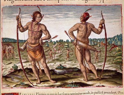 Geschiedenis van Amerika: "Twee inwoners van Virginia, Indiaanse wapens van pijlen en boog" Gravure uit "Admirante Narratio Americae" door Theodore de Bry (1528-1598) door Theodore de Bry