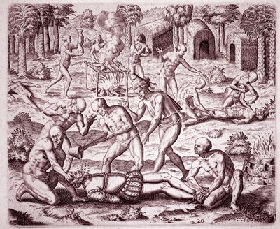 Geschiedenis van Amerika: beschrijving van de martelingen door de Indianen aan Spaanse kolonisten door Theodore de Bry