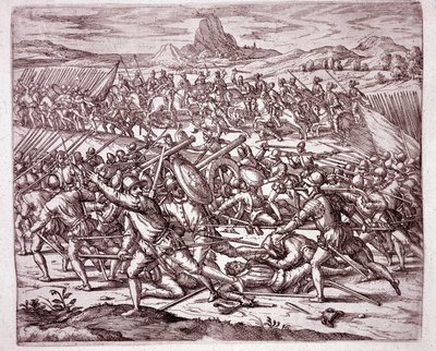Geschiedenis van Amerika: gevechten tussen de legers van Vaca de Castro en Almagro junior na de dood van Francisco Pizarro en Diego de Almagro (Gravure) door Theodore de Bry