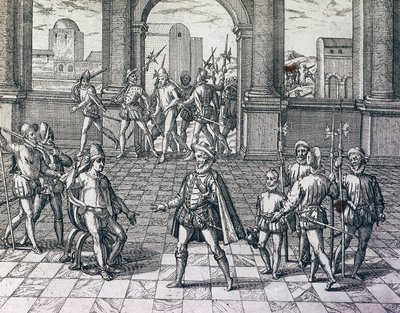 Inca-keizer Atahualpa wordt gevangengenomen door Spanjaarden in Cajamarca, Peru, gravure uit American History door Theodore de Bry, Frankfurt door Theodore de Bry
