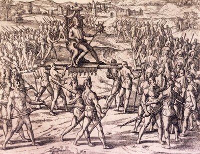 Inca-keizer Atahualpa verslagen door Spaanse troepen van Francisco Pizarro, Peru, gravure uit American History door Theodore de Bry