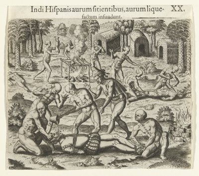 Indianen gieten vloeibaar goud in de mond van een Spanjaard, 1594 door Theodore de Bry