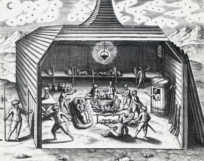 Interieur van het winterhuis van William Barents op de Russische archipel Novaya Zemlya, gravure door Theodore de Bry