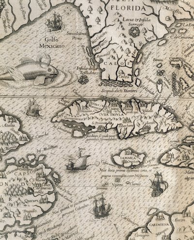 Eiland Cuba, Florida en Golf van Mexico, gravure uit History of American Grand Voyages door Theodore de Bry