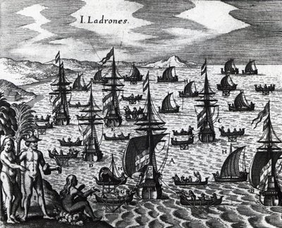 Eilanden van dieven (Islas de los Ladrones, tegenwoordig Marianen eilanden), gravure uit Peregrinationes, door Theodor de Bry door Theodore de Bry