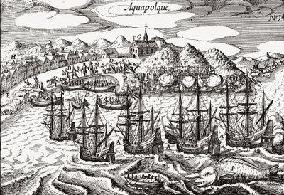 Mexico, Uitzicht op Acapulco - Mexico (Aquapolque), Theodore de Bry, ca. 1630. Vroeg uitzicht op de koloniale nederzetting in Acapulco, die de Spanjaarden gebruikten als belangrijkste haven voor hun handel met de Filippijnen. De haven is gevuld met galeien door Theodore de Bry