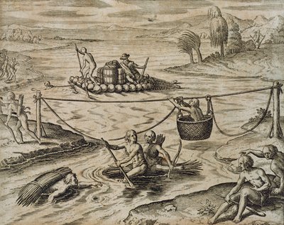 Inheemse Amerikaanse Indianen die rivierstromen afvaren door Theodore de Bry