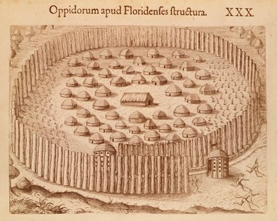 Inheems dorp in Florida, illustratie uit The Discourse of Florida door Theodore de Bry