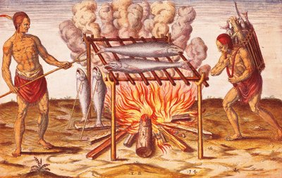 Hoe Indianen Vis Koken, Illustratie uit Admiranda Narratio door Theodore De Bry door Theodore de Bry