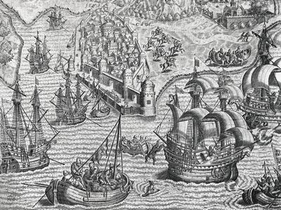 Zeeslag, gravure uit American History door Theodore de Bry