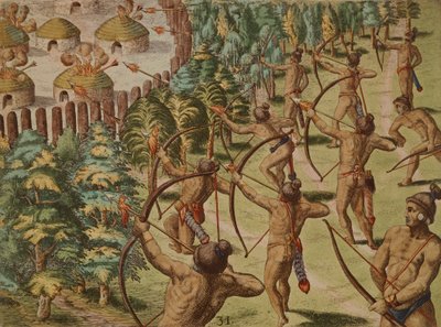 Nachtelijke aanval op een indianendorp met brandende pijlen door Theodore de Bry