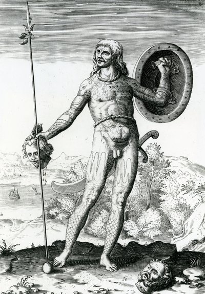 Pictische Man die een Menselijk Hoofd vasthoudt door Theodore de Bry