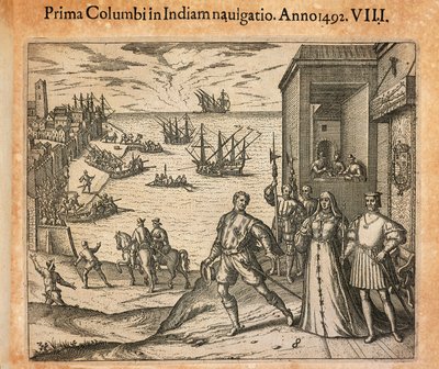 Koningin Isabel en koning Ferdinand begroeten het vertrek van Christoffel Columbus in Palos, Spanje, gravure door Theodor de Bry door Theodore de Bry