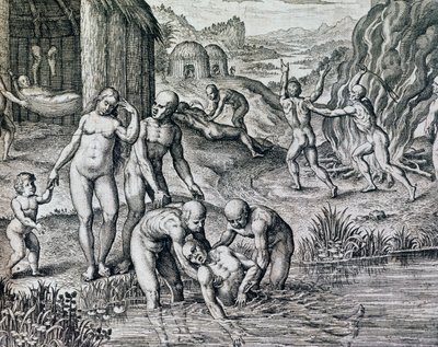 Remedies gebruikt door inboorlingen tegen ziekte, gravure uit Historia America door Theodore de Bry