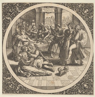 Scène met Galanten bij een Banket in een Cirkel in het Midden door Theodore de Bry