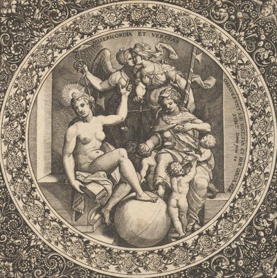 Scène met Misericordia en Veritas in een cirkel in het midden door Theodore de Bry