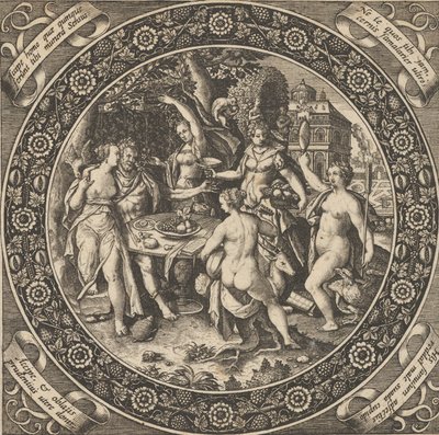 Scène met een liefdesfeest in een cirkel in het midden door Theodore de Bry