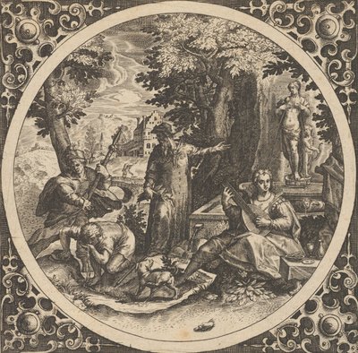Scène met een waarschuwing tegen geslachtsziekten in een cirkel in het midden, 1580-1600 door Theodore de Bry