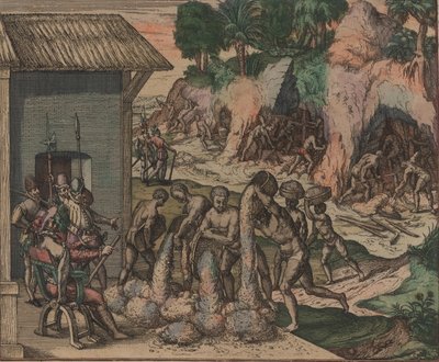 Slaven gieten erts voor Europese soldaten. Op de achtergrond werken slaven in de mijnen, 1595 door Theodore de Bry