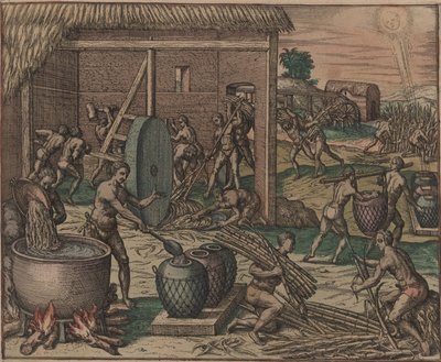 Slaven verwerken suikerriet en maken suiker, 1595 door Theodore de Bry