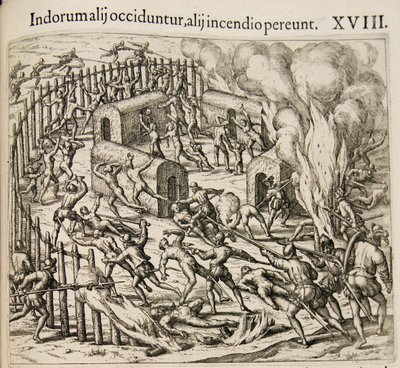 Sommige indianen worden gedood, sommigen sterven in een brand. Uit: Americae pars quarta door Theodore de Bry