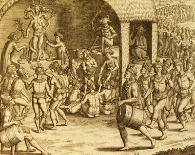 Zuid-Amerikaanse inheemse religieuze rite, gravure uit Historia americae, door Theodor de Bry, Frankfurt door Theodore de Bry