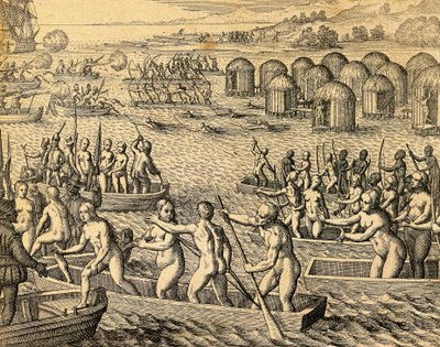 Zuid-Amerikaanse inboorlingen vallen de schepen van de veroveraars aan door Theodore de Bry