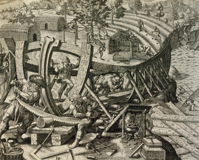 Spaanse zeelieden bouwen karveel, gravure uit Historia Americae, door Theodor de Bry door Theodore de Bry