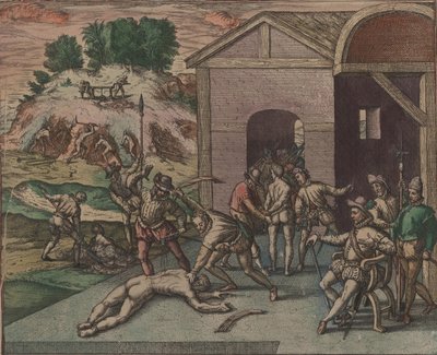 Spaanse soldaten observeren en voeren de straf van een slaaf uit, 1595 door Theodore de Bry