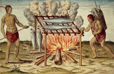 Taino inboorlingen koken vis, kleurgravure door Theodor de Bry, naar schilderij van John White, uit Kort en waar verslag van nieuw gevonden land van Virginia door Theodore de Bry