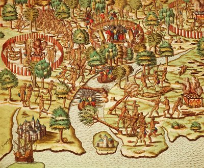 Technieken van belegering en aanval, gravure door Theodor de Bry, uit Americae tertia pars door Theodore de Bry