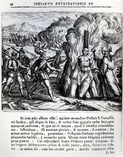De verbranding van Hatuey door de Spanjaarden in Yara, Cuba, op 2 februari 1512, 1664 door Theodore de Bry
