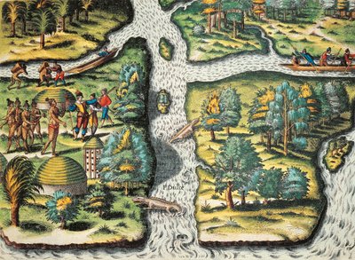 De Fransen helpen de inboorlingen aan voedsel door Theodore de Bry