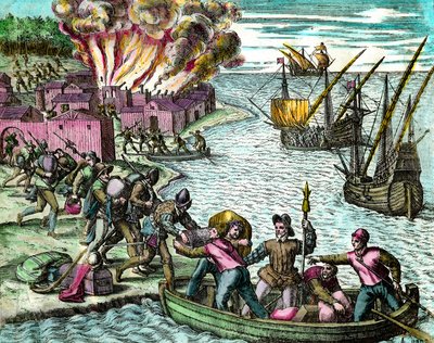 De Fransen plunderen en verbranden de stad Chioreran. Gravure uit "Geschiedenis van Amerika" door Theodore de Bry 16e eeuw. Privécollectie door Theodore de Bry