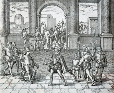 De Inca koning Atahualpa gevangen genomen door Spanjaarden in Cajamarca, Illustratie uit Amerikaanse Geschiedenis door Theodore de Bry
