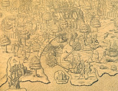 De Portugezen dringen het binnenland binnen en worden aangevallen door een lokale stam door Theodore de Bry