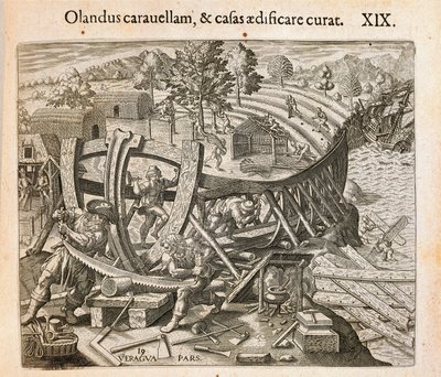 De Spanjaarden bouwen hun eerste schip in de Nieuwe Wereld, gravure door Theodor de Bry uit Americae pars quarta, sive, Insignis et admiranda historia de reperta primum Occidentali India Christophoro Columbo, door Girolamo Benzoni door Theodore de Bry