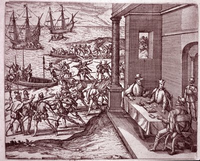 De Spaanse conquistadores Francisco Pizarro, Diego de Almagro en Hernando de Luque bundelden hun krachten om Peru te veroveren door Theodore de Bry