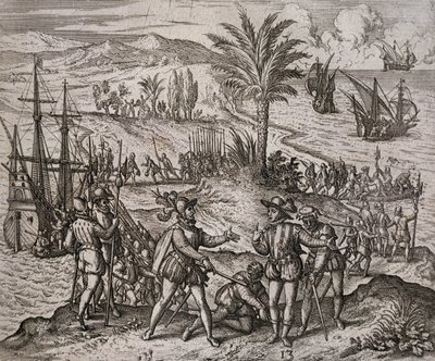 De arrestatie van Christoffel en Bartholomeus Columbus op bevel van Francisco de Bodadilla door Theodore de Bry
