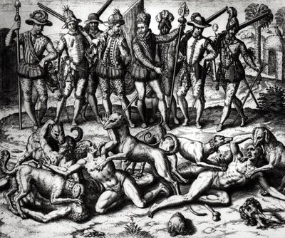 De honden van Vasco Nunez de Balboa vallen de Indianen aan door Theodore de Bry